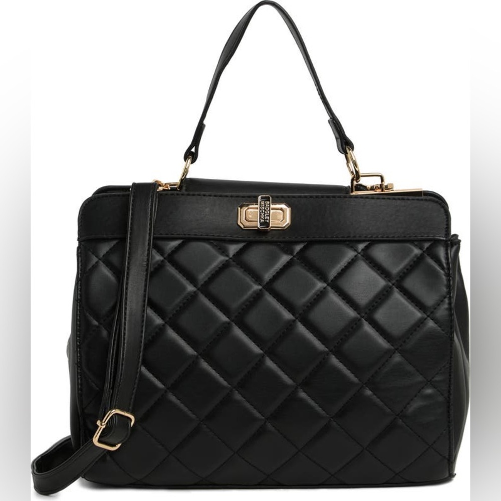 Badgley Mischka Black Quilted Satchel Crossbody Bag Gold Hardware NWT